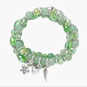 (3) Green Aventurine Stretch Bracelets Silver Tone
